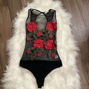 Lace bodysuit with red roses